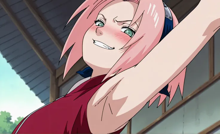 masterpiece, best quality, amazing quality, anime screencap, anime coloring, 1girl, solo, haruno sakura, flat chest, pink hair, short hair, green eyes, red shirt, red qipao, sleeveless, arm up, raised arm, armpit, armpit focus, head towards viewer, looking...