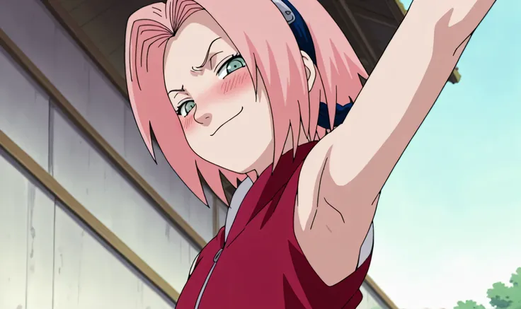 masterpiece, best quality, amazing quality, anime screencap, anime coloring, 1girl, solo, haruno sakura, flat chest, pink hair, short hair, green eyes, red shirt, red qipao, sleeveless, arm up, raised arm, armpit, armpit focus, head towards viewer, looking...