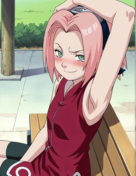 masterpiece, best quality, amazing quality, anime screencap, anime coloring, 1girl, solo, haruno sakura, flat chest, pink hair, short hair, green eyes, red shirt, red qipao, sleeveless, arm on own head, armpit, armpit focus, head towards viewer, looking at...