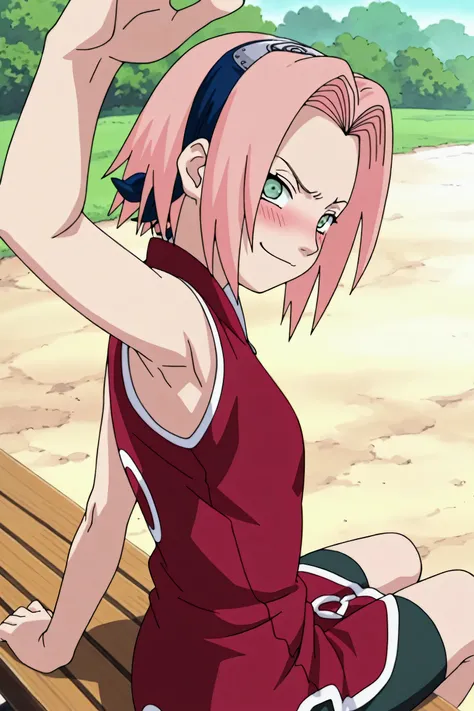 masterpiece, best quality, amazing quality, anime screencap, anime coloring, 1girl, solo, haruno sakura, flat chest, pink hair, short hair, green eyes, red shirt, red qipao, sleeveless, arm up, raised arm, armpit, armpit focus, head towards viewer, looking...