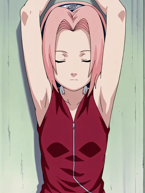 masterpiece, best quality, amazing quality, anime screencap, anime coloring, 1girl, solo, haruno sakura, flat chest, pink hair, short hair, red shirt, red qipao, zipper, sleeveless, arms up, raised arms, armpits, armpits focus, head towards viewer, against...