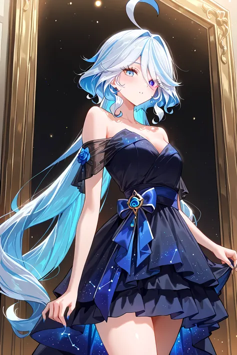 score_9, score_8_up, score_7_up, masterpiece, best quality, very aesthetic, absurdres, tunning image, light particles, attractive image, 1girl, adult grown woman, solo, furina \(genshin impact\), very long hair, blue striped hair, ahoge, heterochromia, blu...