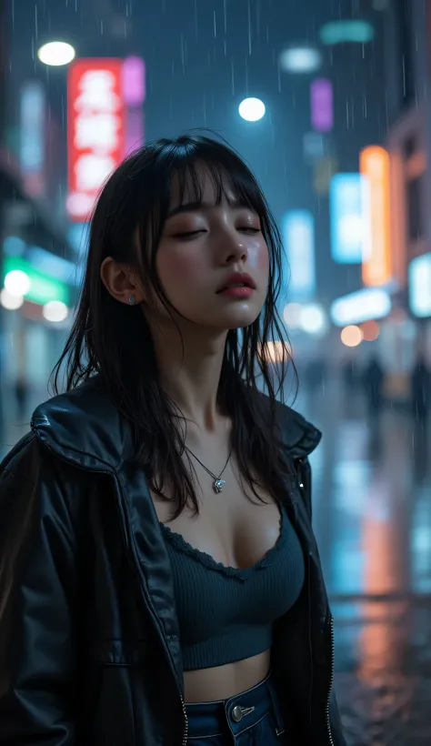 Cinematic shot of the woman standing alone in heavy rain, her makeup washed away, eyes closed as if screaming silently, neon city lights blurred in the background, atmosphere of heartbreak and despair, ultra detailed, HDR, 8K