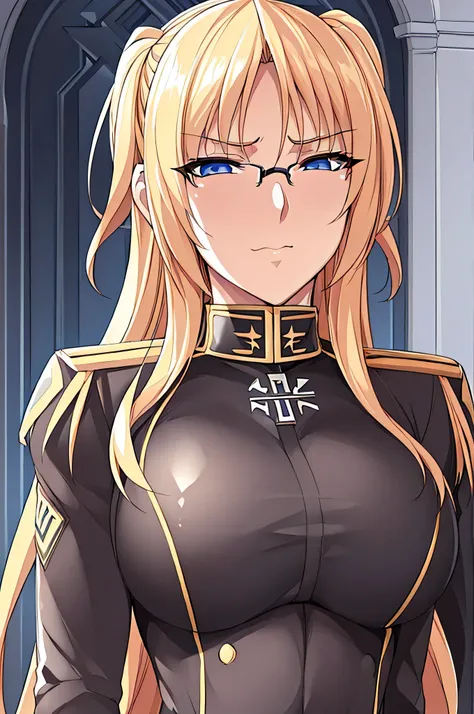 ultra detailed portrait, upper body, tall muscular German female agent, long straight golden hair center-parted and flowing, intelligent glasses, sharp cold eyes, wearing black (((Nazi Germany-inspired uniform))) modified as a ninja suit, standing upright ...