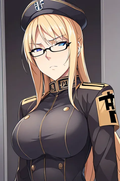 ultra detailed portrait, upper body, tall muscular German female agent, long straight golden hair center-parted and flowing, intelligent glasses, sharp cold eyes, wearing black (((Nazi Germany-inspired uniform))) modified as a ninja suit, standing upright ...