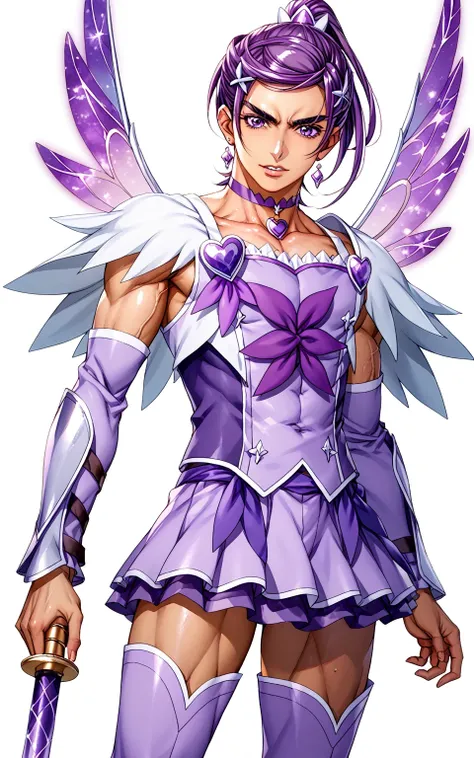 score 9 、score 8 up、score 7 up、source anime、傑作、Best quality、Best resolution、best image quality、anime coloring、anime screencap、anime screenshot、official art、1boy、cure sword is a boy、(manly face:1.6)、solo、boy is wearing a purple dress、short purple hair boy、s...