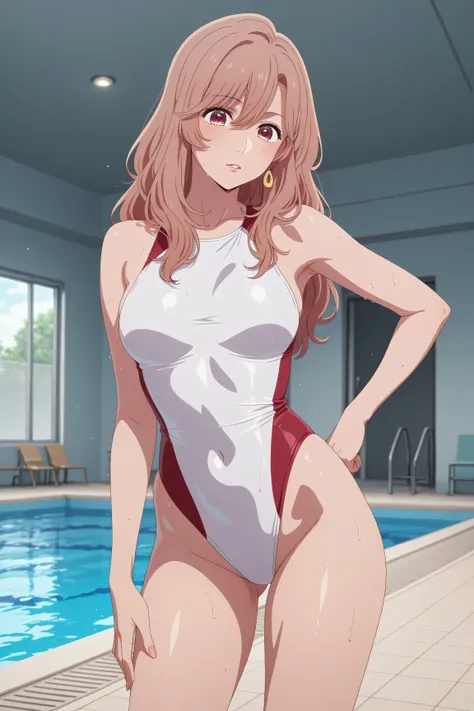 A Japanese woman in a high-leg swimsuit came out of the pool、sexy pose、Saitou Miyako