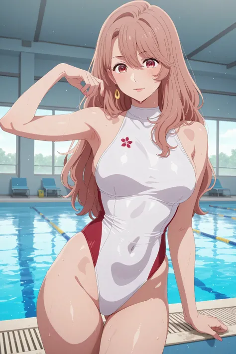 A Japanese woman in a high-leg swimsuit came out of the pool、sexy pose、Saitou Miyako