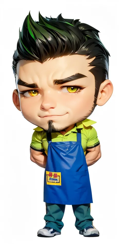 handsome and muscle manly salesperson with golden color lion's eyes and bright and sharp manly piercing Asian eyes. He has dark short hair and short pompadour hairstyle. He has hairy eyebrows and hairy beard on his all chin. He is wearing a fluorescent gre...
