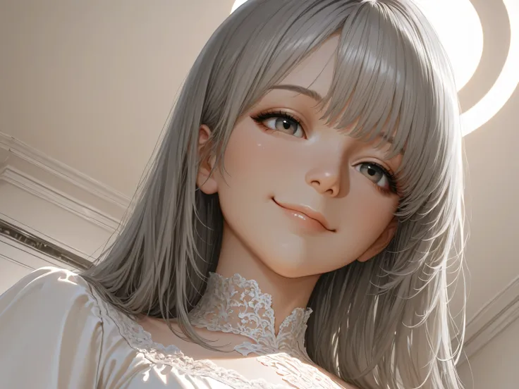 High Quality,beautiful woman,Long hair,gray hair,white dress,Smile,from below,dim room,Stand life,Portrait,digital illustration,Realistic,Masterpiece,high resolution,Delicate Details,perfect lighting,muted tones,Elegant