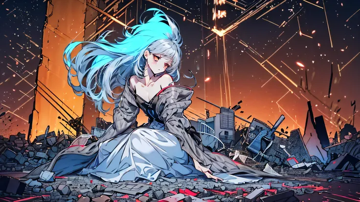 A cinematic close-up of a young woman sitting amidst a mountain of shattered concrete and twisted steel, her expression fragile yet defiant. Around her, neon signs flicker half-dead, casting broken light across the rubble. Shards of glass scatter across th...