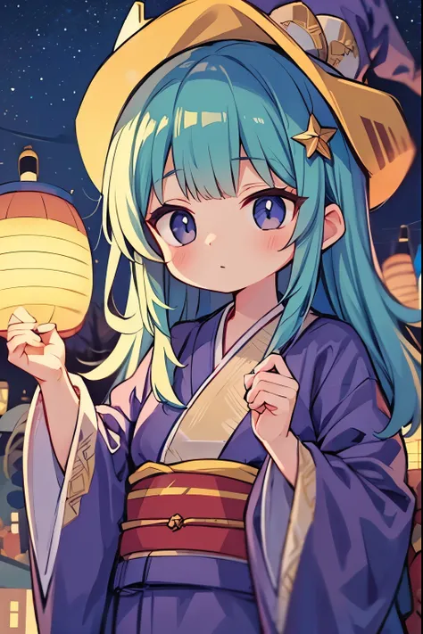 A young witch in a purple yukata, surrounded by floating lanterns that light up with whispered spells under a starry sky.
