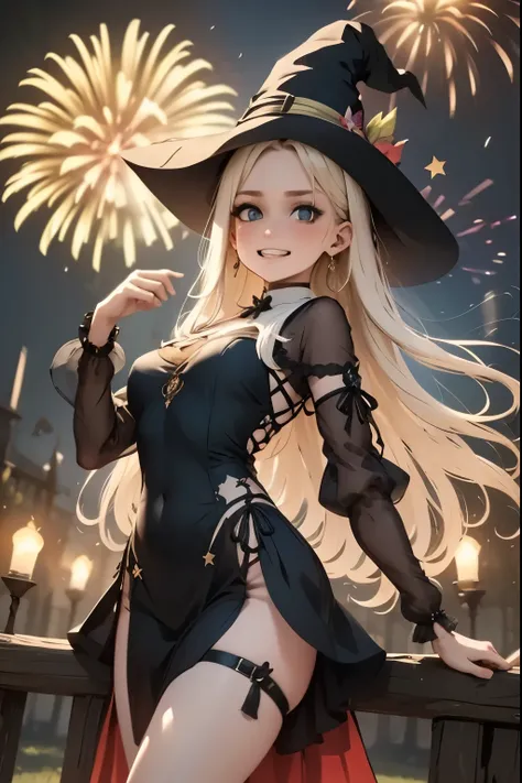 A friendly witch dances amidst the summer fireworks, summoning luminous creatures that blend with the explosive colors in the sky.