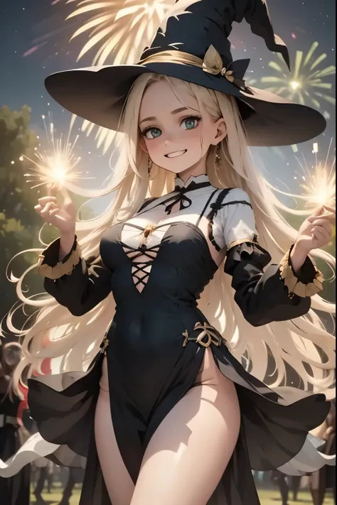 A friendly witch dances amidst the summer fireworks, summoning luminous creatures that blend with the explosive colors in the sky.