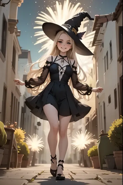 A friendly witch dances amidst the summer fireworks, summoning luminous creatures that blend with the explosive colors in the sky.