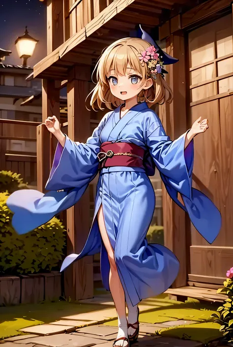 In a moonlit Zen garden, the witch in a midnight-blue yukata makes flowers bloom that sing arcane melodies.