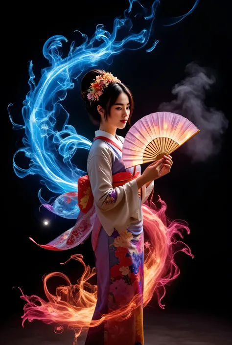 The surreal black canvas is dotted with ethereal of fire, with a kimono-clad of a dancing geisha holding a large fan with a pattern of burning flames, transparent petals outlining a semicircular effect of blue and pink flames. The flowing beams of light in...