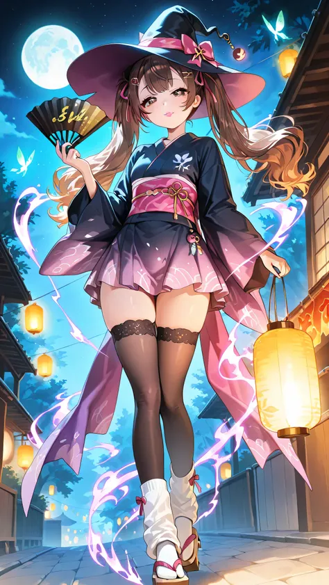 masterpiece, best quality, amazing quality, high detail, 1girl, solo, short stature, beautiful brown eyes, large eyes, multicolored_hair, brown hair, red streaks, long twintails, soft wavy hair, curvy body, gyaru, glossy pink lipstick, elegant dark yukata ...