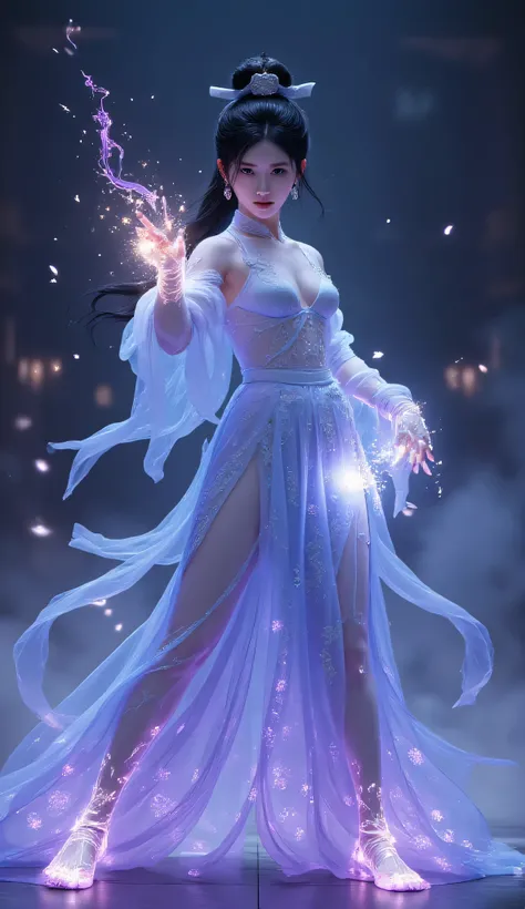 (Close-up and full-body shots), UHD, epic cinematic still frame, hyper realistic portrait of an incredibly beautiful wuxia heroine inspired by Dilraba Dilmurat. Sharp eyes, elegant tear mole, clear facial features. She wears a flowing blue lace hanfu robe,...