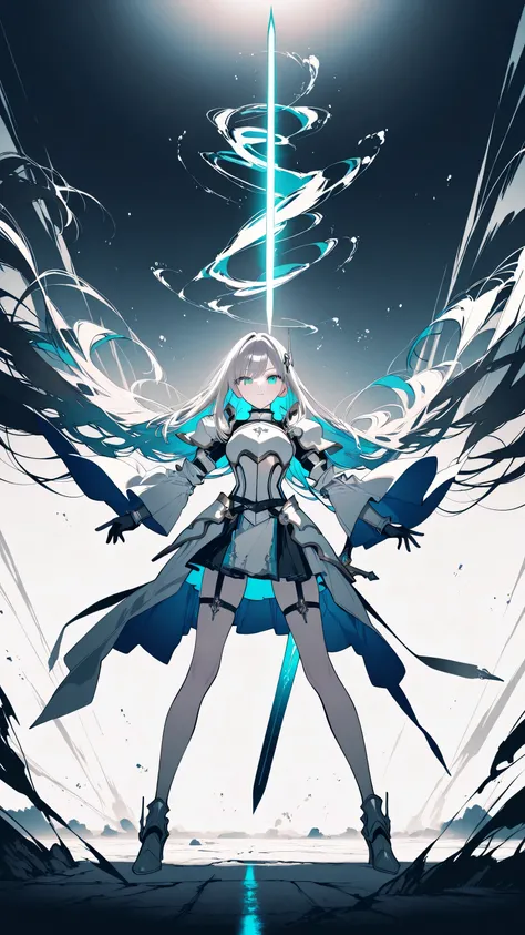 A cinematic animation-style illustration in Mochizuki Kei style, featuring clean and refined shading. A single swordsman in predominantly white armor, gripping a glowing sword embedded in the ground, shown in a close-up view as they pull it free, standing ...