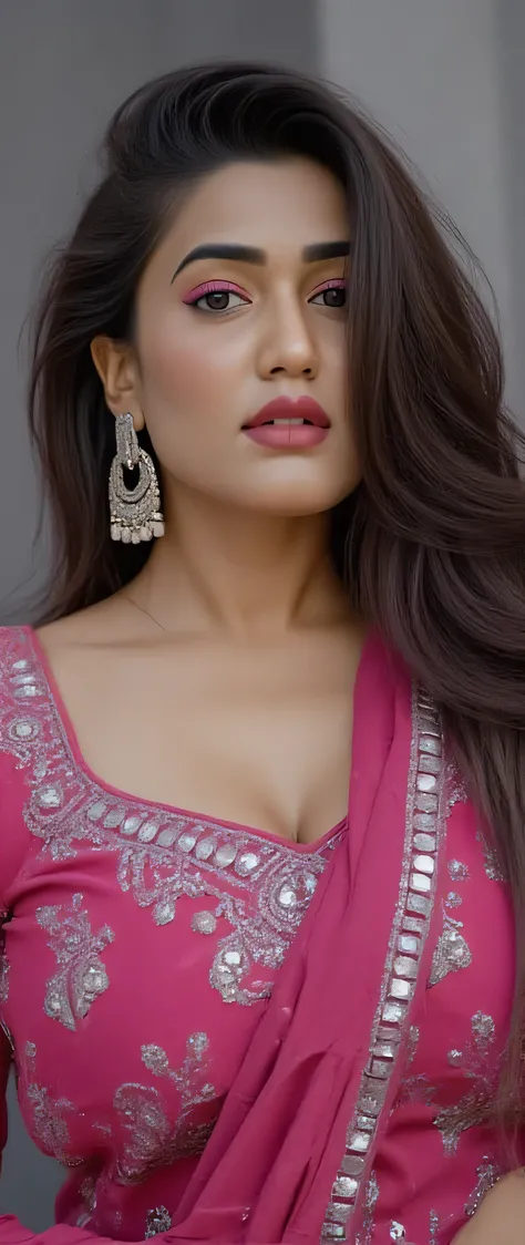 perfect pink eyes, fantastic face, Indian, beautiful look, ((red lips, bright eyes, curve heir 1.5)), ((beautiful details very big breast )), (Straight round and ultra huge clevage, not sagging breast), A glorious gorgeous, glorious gorgeous face, pretty f...