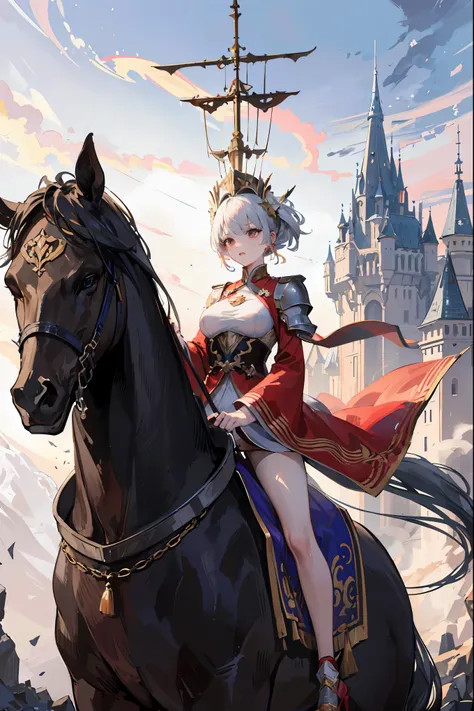 Castle burning、Dancing Fire Powder、A mountain covered in countless armors々,The Splendid Princess Seated at Its Top,Mysterious Scenery Like in a Story,4K High Quality,super real,Superb realistic image quality,Perfectly Drawn in Every Detail,Elegant Standing...
