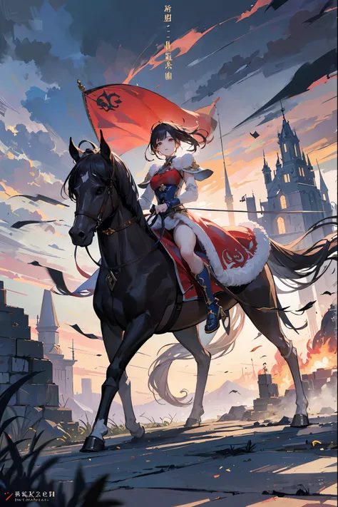 Castle burning、Fluttering Fire、A mountain covered in countless armors々,The Splendid Princess Seated at Its Top,Mysterious Scenery Like in a Story,4K High Quality,super real,Superb realistic image quality,Perfectly Drawn in Every Detail,Elegant Standing and...