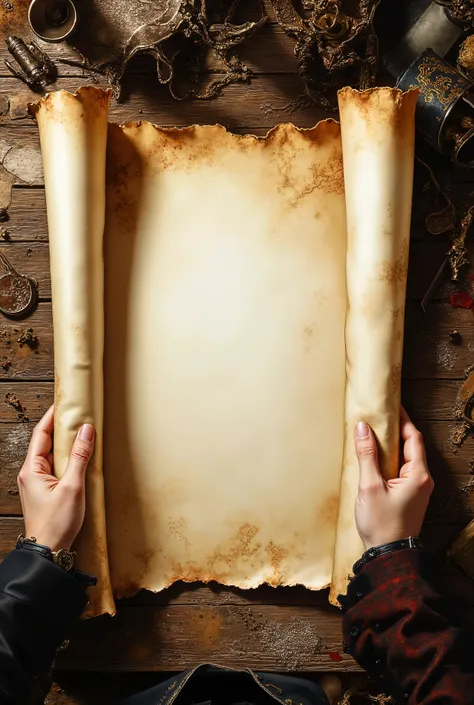 Unfold a blank, faded treasure map on a wooden desktop，Hold down both sides of the map with a pair of pirate captain's hands，Pirate equipment is placed on the table，