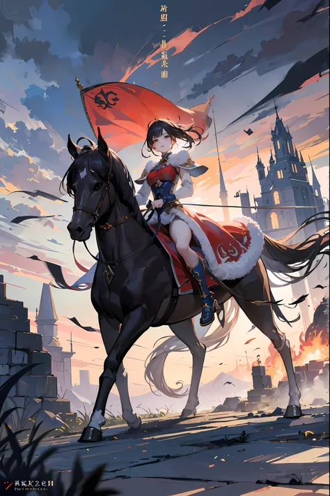 Castle burning、Fluttering Fire、A mountain covered in countless armors々,The Splendid Princess Seated at Its Top,Mysterious Scenery Like in a Story,4K High Quality,super real,Superb realistic image quality,Perfectly Drawn in Every Detail,Elegant Standing and...