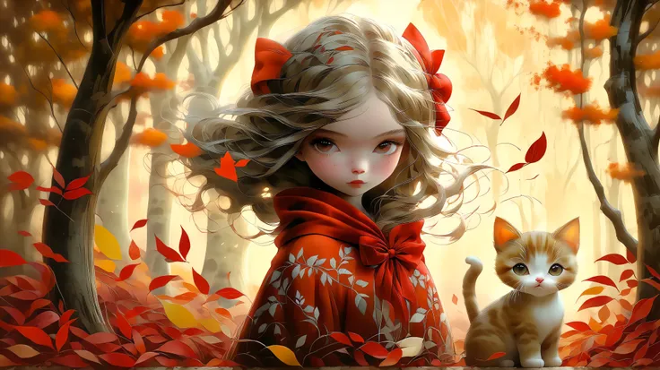 a girl plays with a cat in A path surrounded by trees in autumn, the wind carries the leaves, coloring the landscape in shades of red and orange, detailed, intricate, moody colors, expressive styles, by Nicoletta Ceccoli and Benjamin Lacombe with patterns