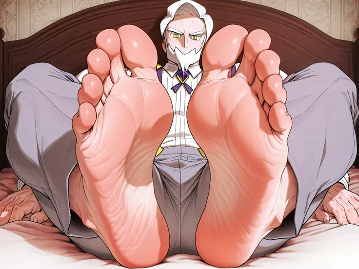 1 male, drayden_pokemon, white hair, yellow eyes, muscular, huge feet, extreme close up on feet, laying down, in bed, grey pants, white shirt, purple suspenders, barefoot, five toes, wearing clothes, looking down at viewer, playful teasing expression, toes...