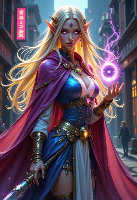 Colorful,a portrait of a female elf (intense details, Masterpiece, best quality) fantasy cleric, fantasy celestial guardian, armed with a holy symbol, shinning holy symbol, metallic shine, an ultra wide shot, full body (intense details, Masterpiece, best q...