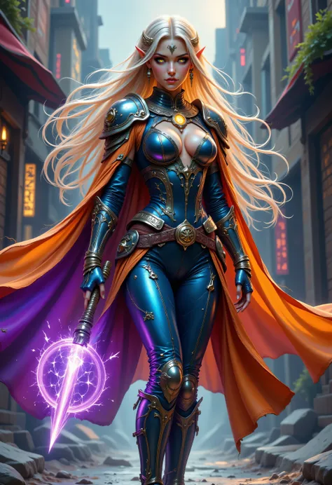 FntsyPstlCE style,Colorful,a portrait of a female elf (intense details, Masterpiece, best quality) fantasy cleric, fantasy celestial guardian, armed with a holy symbol, shinning holy symbol, metallic shine, an ultra wide shot, full body (intense details, M...