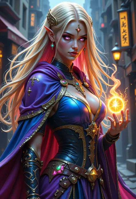 Colorful,a portrait of a female elf (intense details, Masterpiece, best quality) fantasy cleric, fantasy celestial guardian, armed with a holy symbol, shinning holy symbol, metallic shine, an ultra wide shot, full body (intense details, Masterpiece, best q...