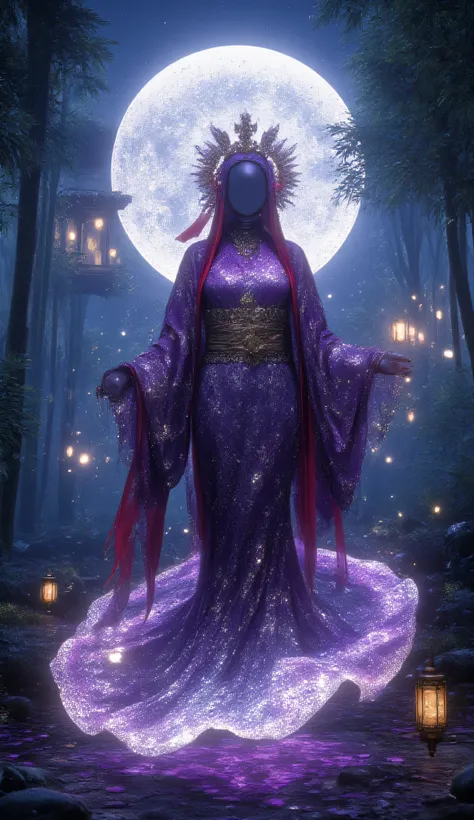masterpiece, ultra detailed, a supernatural witch with translucent ethereal body, glass-like transparency effect with light refracting through her form, flowing dark purple yukata with intricate silver moon patterns appearing to float in air, shimmering ou...
