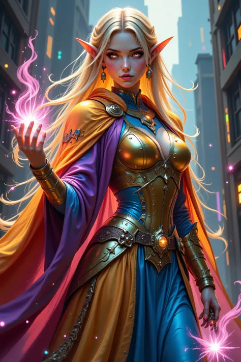 FntsyPstlCE style,Colorful,a portrait of a female elf (intense details, Masterpiece, best quality) fantasy cleric, fantasy celestial guardian, armed with a holy symbol, shinning holy symbol, metallic shine, an ultra wide shot, full body (intense details, M...