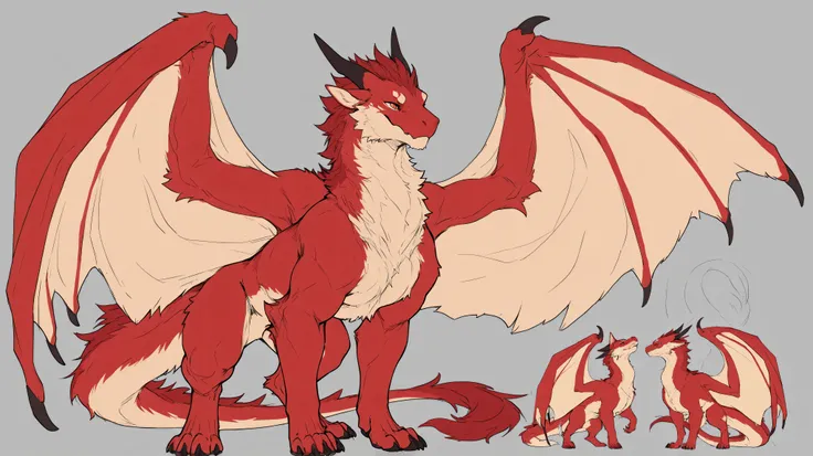 flat color ,sketch, 4k ultra quality, 4k full body view, masterpiece quality, large red male furred feral dragon with wings, tan belly, 4 ears, face shot