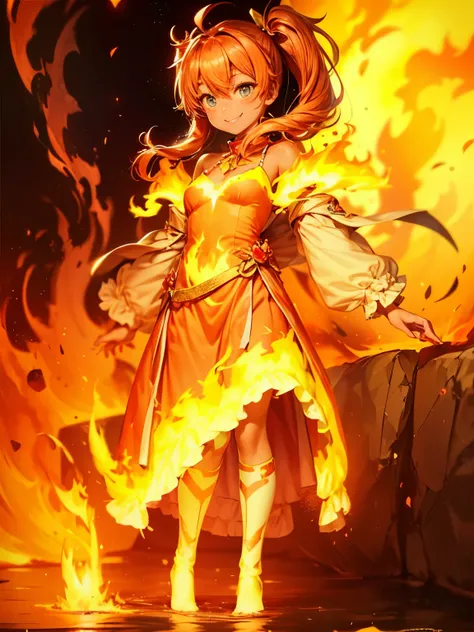 fire dress, amber orange hair, cute girl, blazing clothes, Incandescent Orange Dark Skin, Burning Background, Sweet Smile, Orange Luminescent Eyes, Full HD, Best Quality, Harmonized Colors, Good Ilumination, Twintails Blazing Hair, Girl in the fire, Cute D...