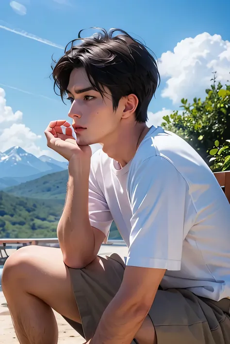 Adult Male　30 years old　handsome guys　short hair　dark haired　　　whiteｔshirt　　White Shorts　白のknee-length shorts　　Mega Bulge　　Look up a little bit and look doubtful　　　　　The gaze is directed far away　　summer resort　 Plateau　 Resort　the background is a beautifu...