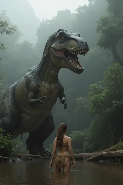 Ultra-realistic, photo-realistic, physically-based rendering, in a misty primordial forest, a towering Tyrannosaurus rex dominates the scene, its massive mouth open wide, revealing sharp, menacing teeth. The dinosaur's textured skin is a dark shade of gr...