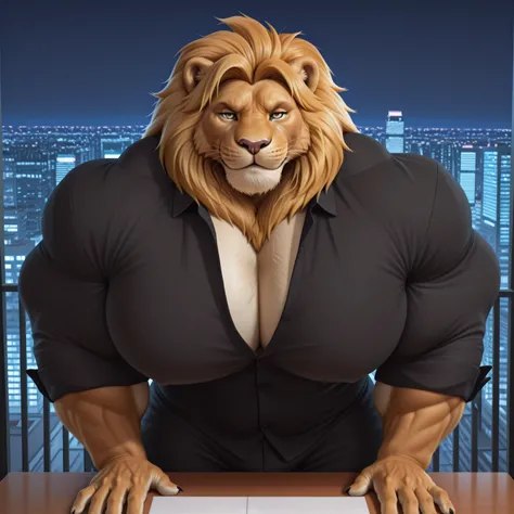 masterpiece, best quality, amazing quality, high quality, semi realistic, furry, 1boy, lion, white body, yellow mane, huge muscle, detailed background, solo, front view, looking at viewer, Upper view, Upper body view, arrogant face, black dress pants, blac...