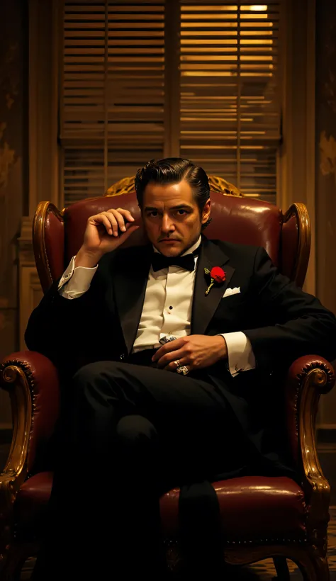 Pedro Pascal as Vito Corleone, The Godfather, dramatic, cinematic, portrait, older Italian-American mafia boss, sits, ornate wooden chair, dimly lit office, Venetian blinds casting striped shadows across the room, wears classic black tuxedo, bow tie, red r...