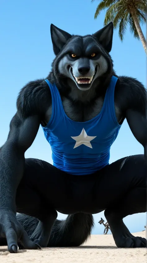 Male black werewolf, blue tank top, white star print, furry,  squatting in the front, squatting , on the outside, cuerpo completo, wolf tail , looking at the spectator, Dark black fur, amber eyes , anthropomorphic wolf, in front al espectador , in front, v...