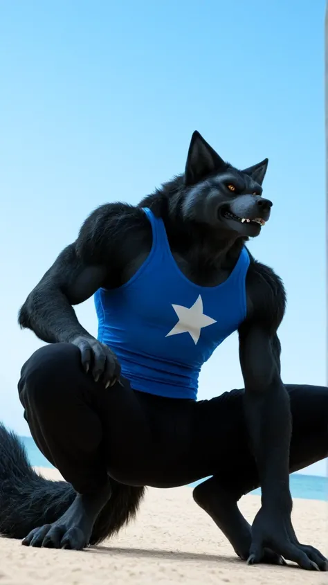 Male black werewolf, blue tank top, white star print, furry,  squatting in the front, squatting , on the outside, cuerpo completo, wolf tail , looking at the spectator, Dark black fur, amber eyes , anthropomorphic wolf, in front al espectador , in front, v...