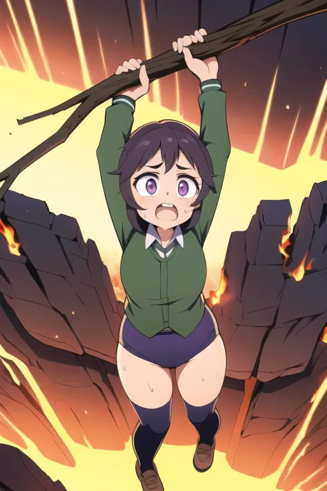 masterpiece,best quality,highly detailed,1girl,solo,scared,raised eyebrows,constricted pupils,surprised,clenched teeth,sweat,sweatdrop,purple eyes,black hair,long hair,lycoris uniform,green ribbon,long sleeves,black gymnastics bloomers,high leg,self wedgie...