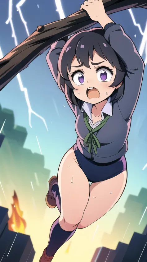 masterpiece,best quality,highly detailed,1girl,solo,scared,raised eyebrows,constricted pupils,surprised,clenched teeth,sweat,sweatdrop,purple eyes,black hair,long hair,lycoris uniform,green ribbon,long sleeves,black gymnastics bloomers,high leg,self wedgie...