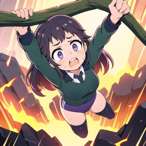 masterpiece,best quality,highly detailed,1girl,solo,scared,raised eyebrows,constricted pupils,surprised,clenched teeth,sweat,sweatdrop,purple eyes,black hair,long hair,lycoris uniform,green ribbon,long sleeves,black gymnastics bloomers,high leg,self wedgie...