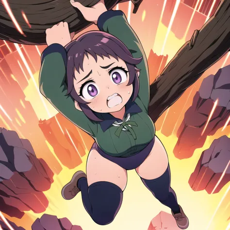masterpiece,best quality,highly detailed,1girl,solo,scared,raised eyebrows,constricted pupils,surprised,clenched teeth,sweat,sweatdrop,purple eyes,black hair,long hair,lycoris uniform,green ribbon,long sleeves,black gymnastics bloomers,high leg,self wedgie...