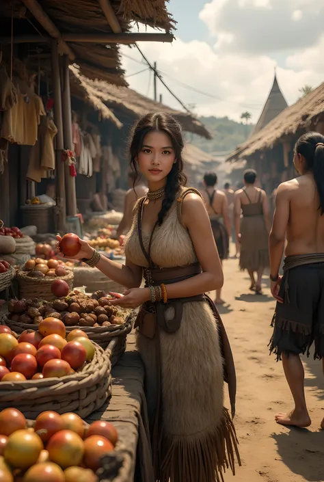 Safe Image Work,
((Realistic ultra wide intricately angle of crowdy folk people on the landscape background)),lots of goods,during prehistoric age era,she is wearing simple folk traditional primitive fur fabric long tunic dress,shopping,a female primitiv...