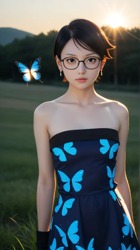 1girl, solo,sarada uchiha,black eyes,black hair,buzz-cut hair,outdoors,potrait,small breast,nature,tall grass background,standing on grass field,wear glasses,(sunset lighting:1.5),earings,(dark nights:1.5),,looking at viwer,close up, front view, black glov...